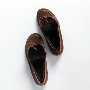 Brown Loafers with Closed Almond Toe and Fur, Low Heel Women Oxford Shoes, Handmade Chocolate Suede Flat Shoes, Fur Lined Winter Shoes image 6