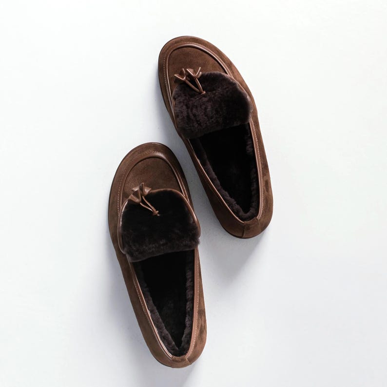 Brown Loafers with Closed Almond Toe and Fur, Low Heel Women Oxford Shoes, Handmade Chocolate Suede Flat Shoes, Fur Lined Winter Shoes image 6