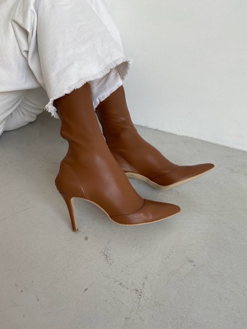 Caramel Stretch Boots with Pointy Toe and Stiletto Heel from Vegan Leather, Handmade Woman Autumn Booties on High Pointy Heels, Ankle Boots image 6