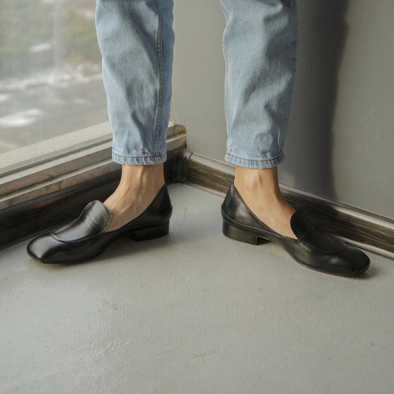 Black Loafers with Square Closed Toe, Handmade Softback Slip Ons in Soft Leather with Low Block Heels, Leather Women Penny Loafers Wide Fit