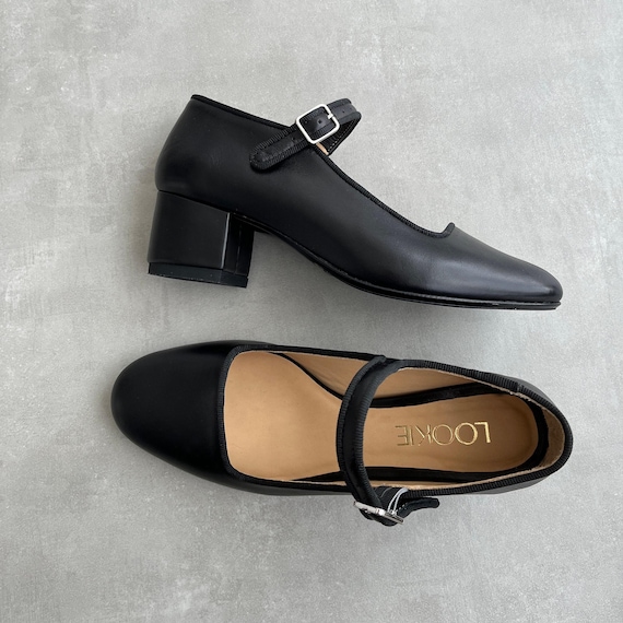 Black Mary Janes with Low Block Heel, Leather Women Shoes with Almond Toe, Handmade Heeled Dress Pumps with Arch Strap and Silver Buckle
