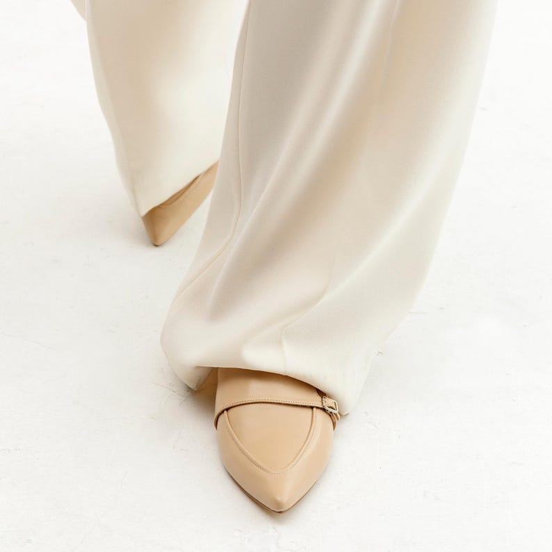Beige Women Loafers, Soft Flat Heels with Pointed Toe in Genuine Leather, Slip on Flat Slide Shoes, Off White Milky Softback Penny Loafers