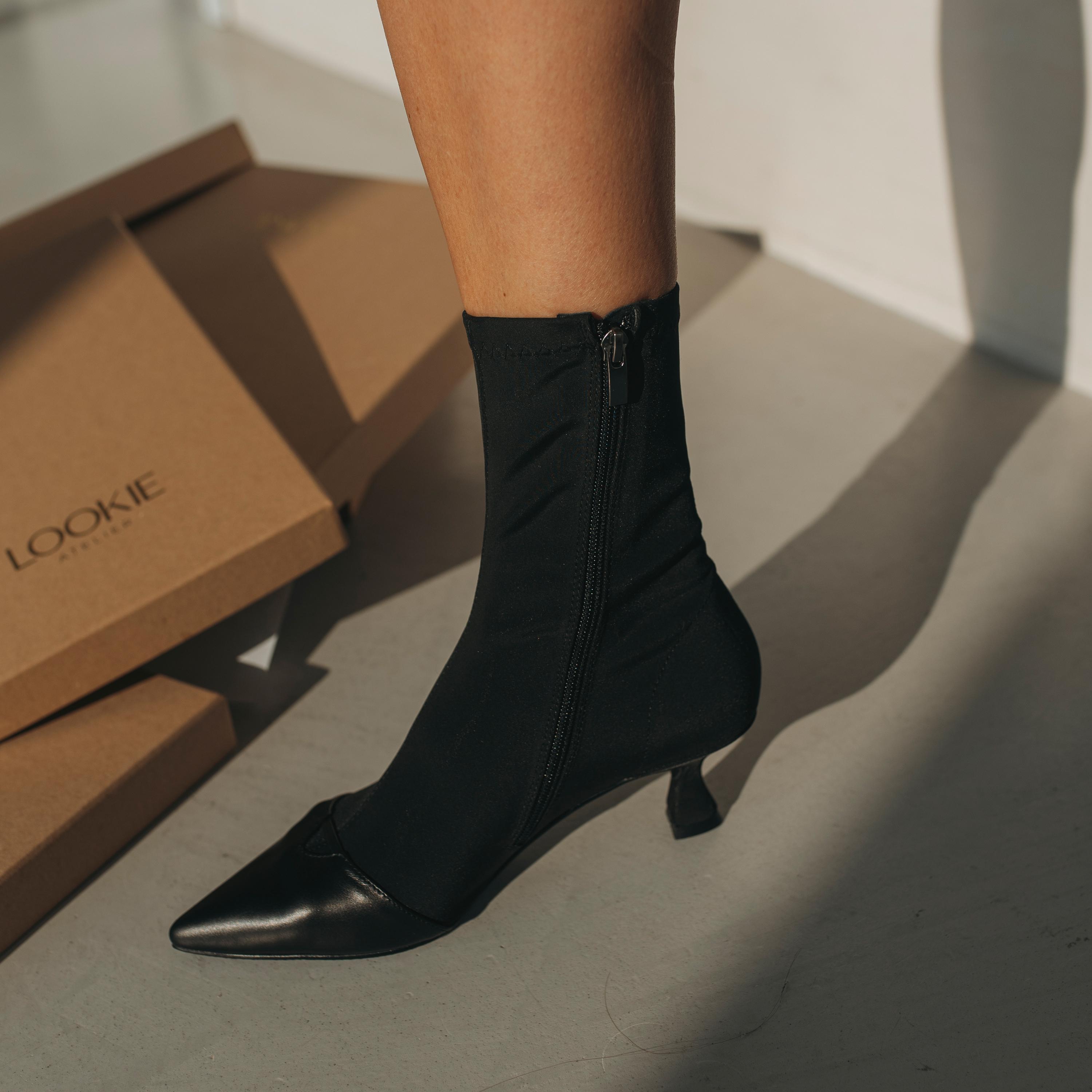Black Stretch Ankle Boots With Pointy Toe and Low Kitten Heel, Handmade ...
