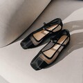 Black Mesh Mary Janes with Square Closed Toe and Leather Insole, Sheer Fishnet Ballet Shoes, Wide Fit Women Jelly Shoes