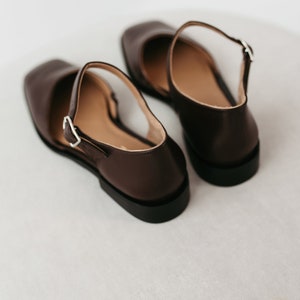 Brown Square Toe Mary Janes in Leather, Women Flats Shoes, Low Block Heel Mary Janes with Brown Strap, Custom Wide Ballet Flat Silver Buckle image 5