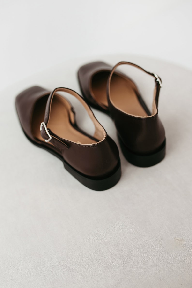 Brown Square Toe Mary Janes in Leather, Women Flats Shoes, Low Block Heel Mary Janes with Brown Strap, Custom Wide Ballet Flat Silver Buckle image 5