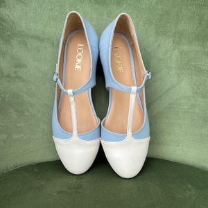 T-Strap Mary Janes with Almond Toe, White and Blue Women Shoes, Everyday Vintage Retro Style Shoes, Wide Fit Buckled Ballet Flats