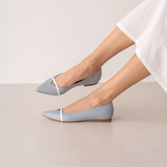 Light Blue Flats With Pointy Toe and Decorative Strap, Wedding