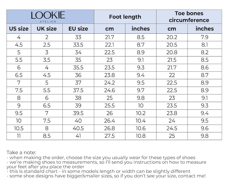 May include: A shoe size conversion chart showing US, UK, and EU sizes, with foot length in cm and inches, and toe bone circumference in cm and inches. Sizes range from US 4 to 11. The chart is from Lookie Atelier.