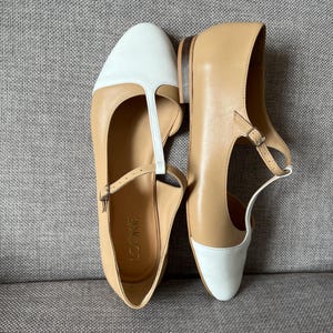 T-Strap Mary Janes with Almond Toe, White and Beige Shoes from Genuine Leather, Women Dance Shoes, Everyday Ballet Flats Low Heel