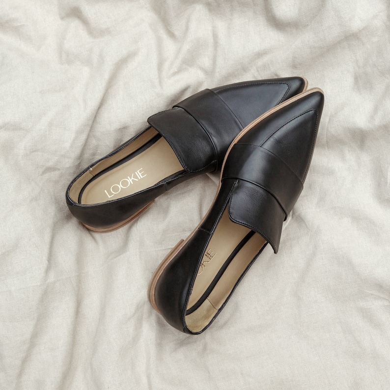 Black Leather Penny Loafers with Closed Pointy Toe, Low Heel Women Oxford Shoes, Slip On Ballet Pumps, Handmade Casual Loafer Flat Shoes