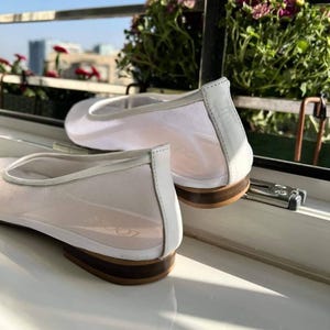 White Mesh Flats with Almond Closed Toe and Genuine Leather Insole, Fishnet Ballet Shoes, Women Sheer Flat Shoes, Jelly Shoes