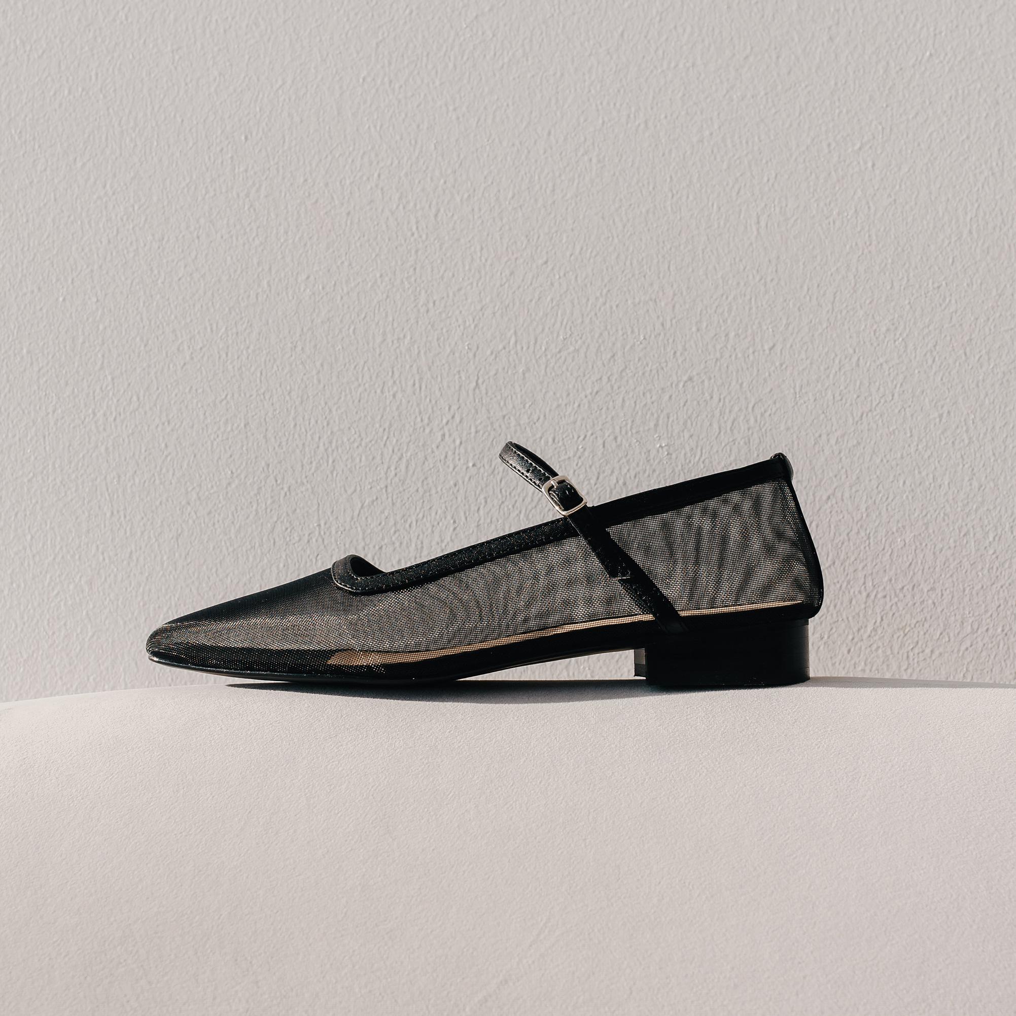 Black Mesh Mary Janes With Square Closed Toe and Leather Insole