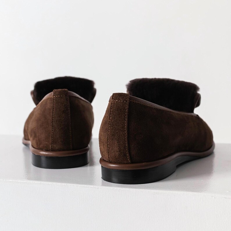Brown Loafers with Closed Almond Toe and Fur, Low Heel Women Oxford Shoes, Handmade Chocolate Suede Flat Shoes, Fur Lined Winter Shoes image 5