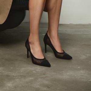Black Mesh Pumps With Black Suede Pointy Heels, Fishnet High