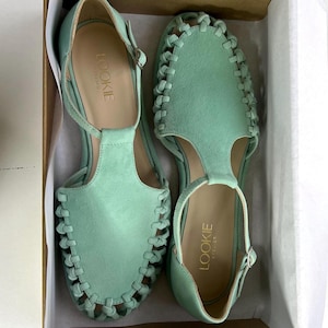 Mint Suede Fisherman Sandals, Gladiator Buckle Closed Toe Sandals, Light Green Suede Women Summer Sandals, Flat Heel Shoes with T-Strap