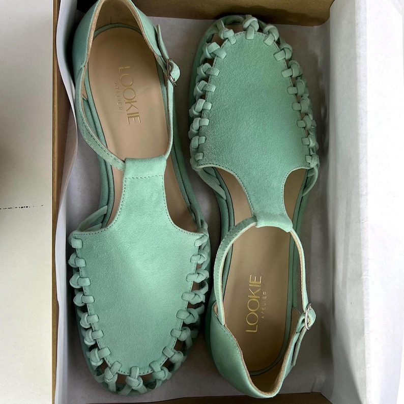 Mint Suede Fisherman Sandals, Gladiator Buckle Closed Toe Sandals, Light Green Suede Women Summer Sandals, Flat Heel Shoes with T-Strap