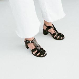 Black Fisherman Sandals, Leather Gladiator Buckle Closed Toe Sandals, Women Summer Sandals, Mid Heel Shoes with Open Back and T-Strap image 4