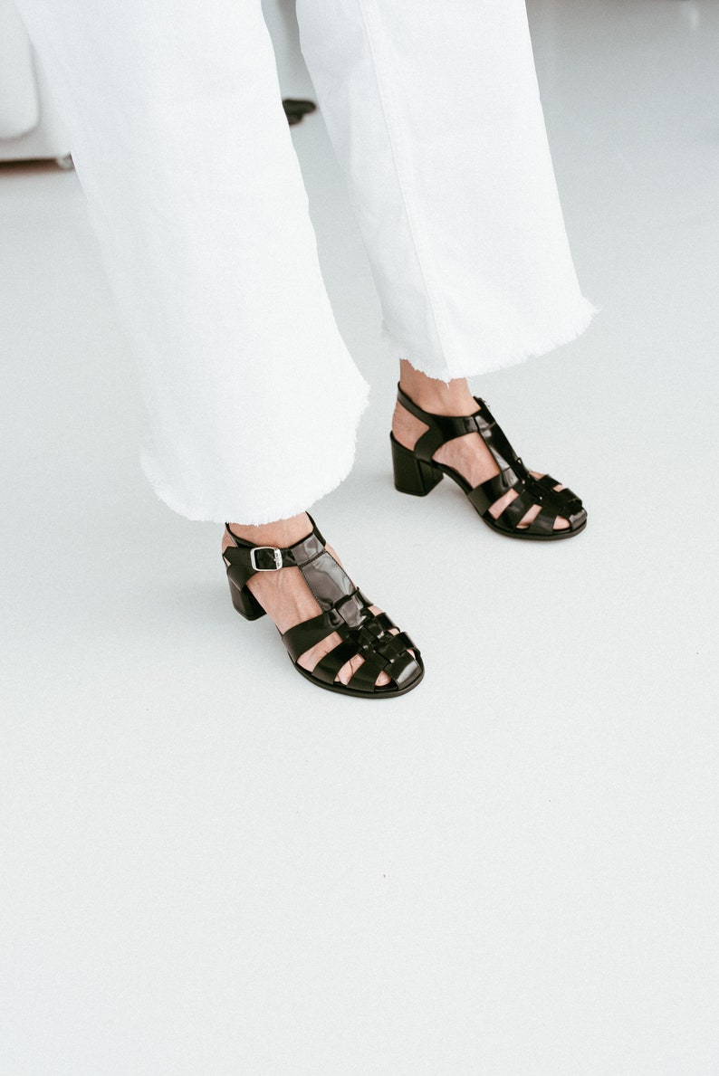 Black Fisherman Sandals, Leather Gladiator Buckle Closed Toe Sandals, Women Summer Sandals, Mid Heel Shoes with Open Back and T-Strap image 4