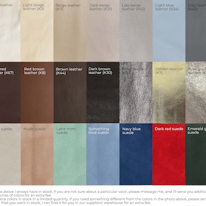 May include: A color chart of leather and suede swatches. The chart includes 24 different colors, including white, ivory, beige, red, brown, dark brown, silver, gold, blue, green, and black. The colors are labeled with their corresponding names and codes.