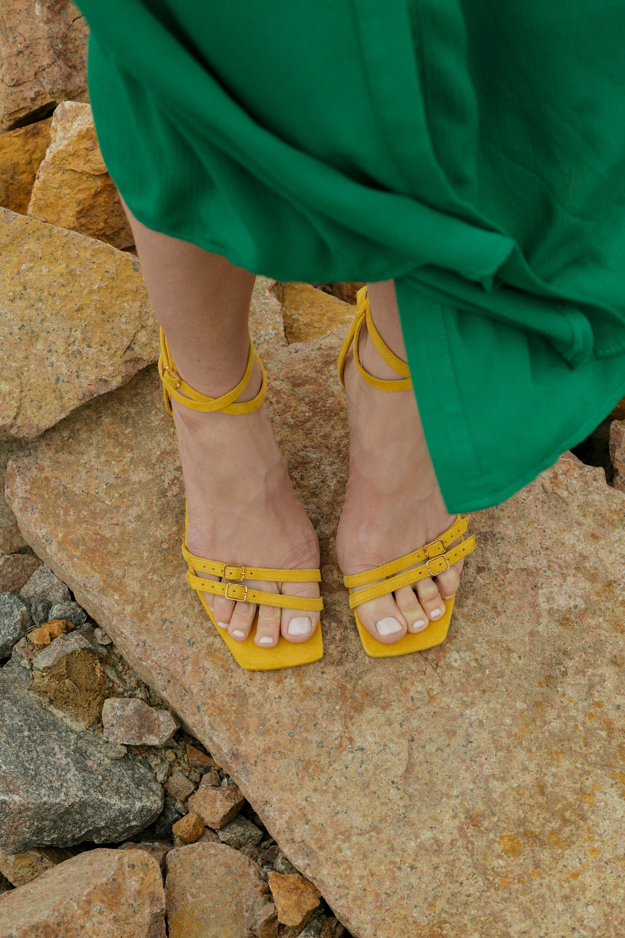 Yellow Strappy Sandals With Open Peep Toe, Handmade Thong