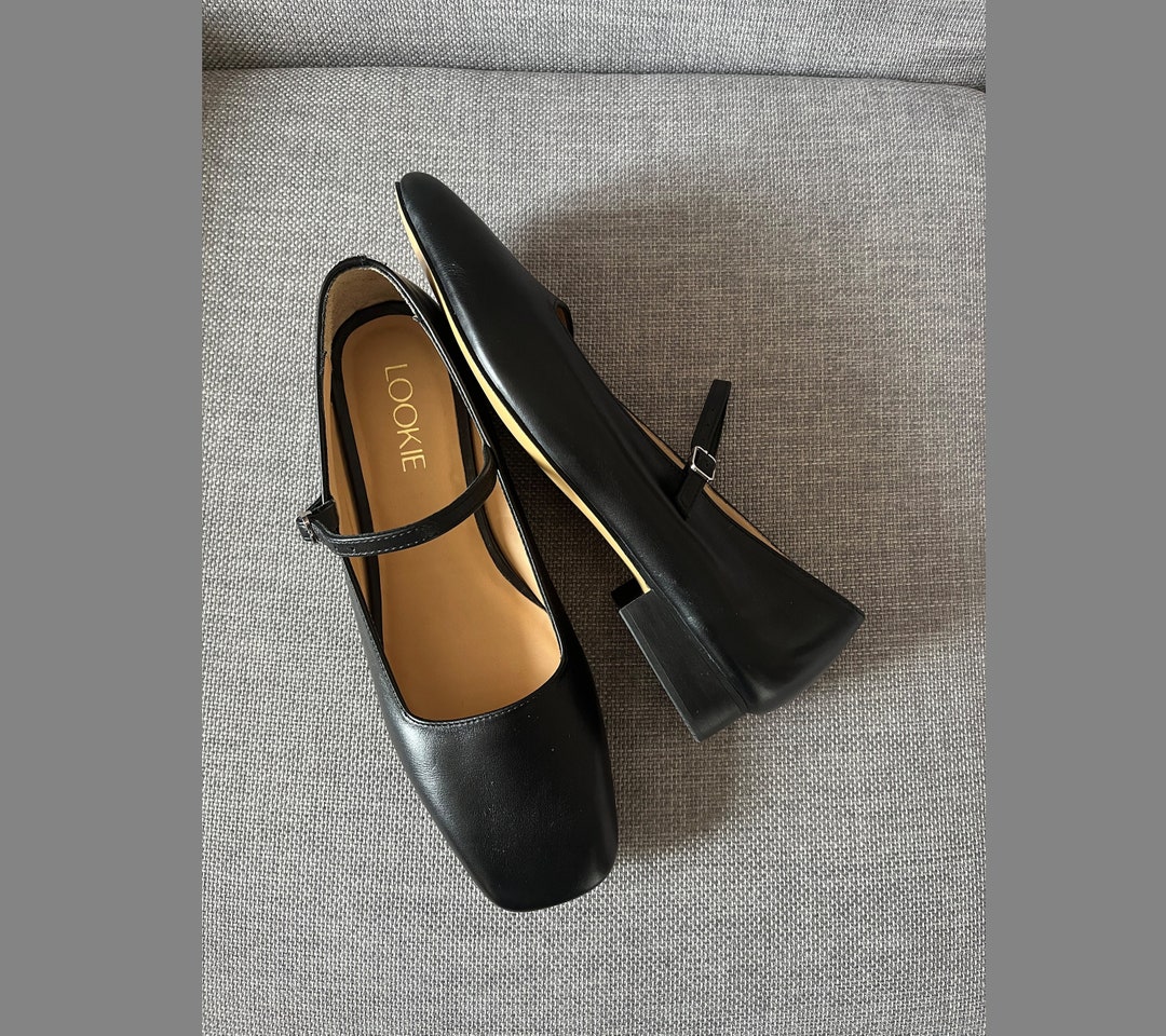 Women Black Mary Janes Handmade From Natural Leather, Square Toe Flat