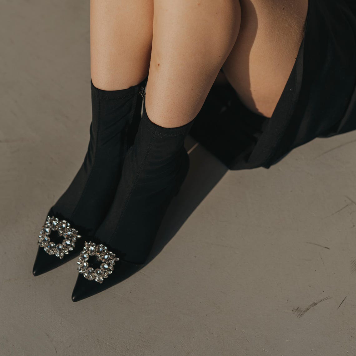 Black Stretch Ankle Boots With Pointy Toe and Low Kitten Heel, Handmade ...