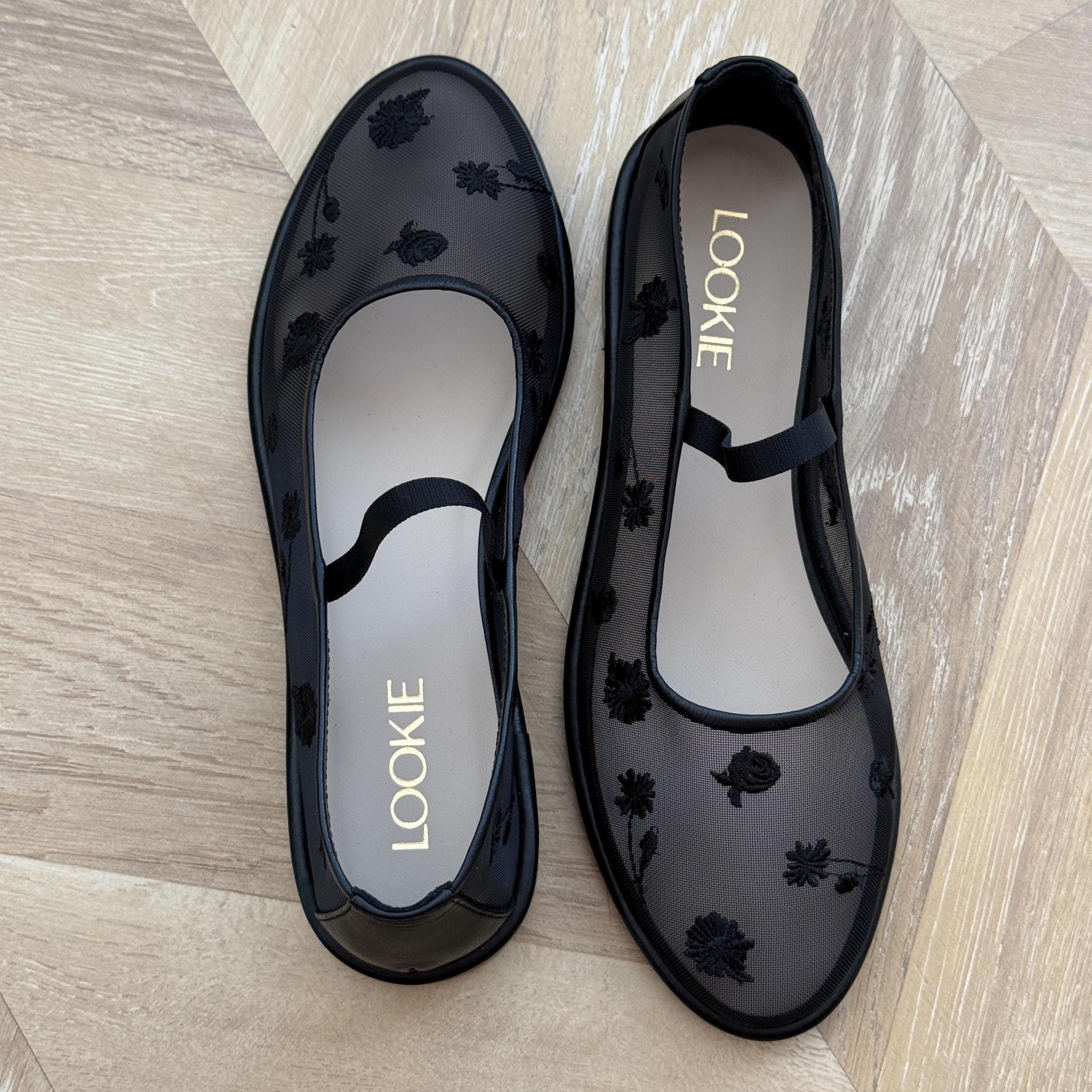 Black Mesh Flats Floral Embroidery Fishnet Ballet Shoes Genuine