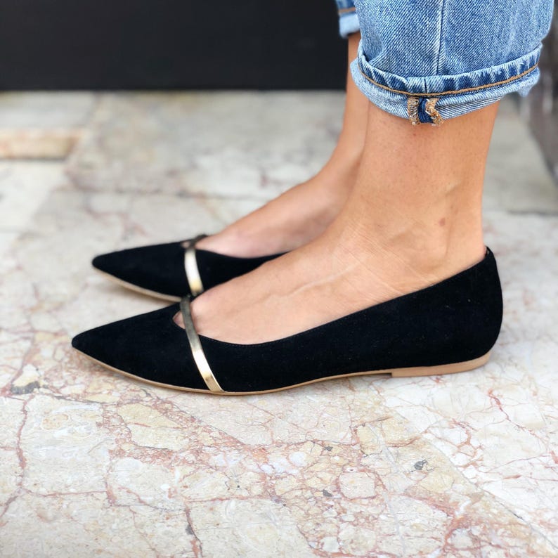 Black Pointed Toe Flats from Genuine Suede, Women Flat Shoes, Black Wedding Shoes with Pointy Toe, Black Ballet Flats with Golden Strap