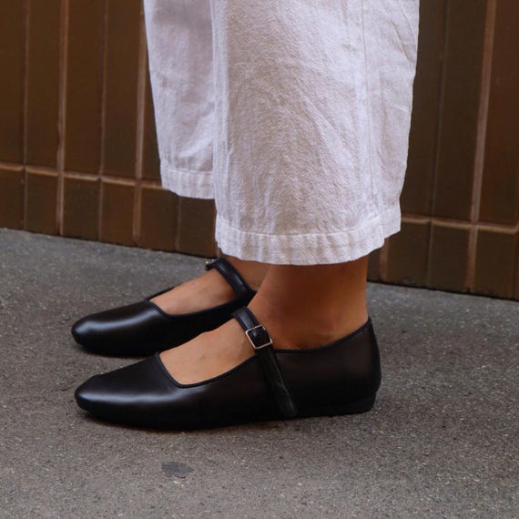 Black Mary Jane Woman Flats With Arch Strap, Almond Toe Handmade