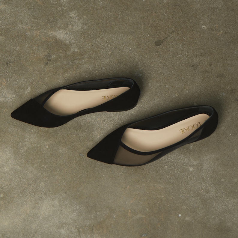 Black Mesh Flats with Closed Pointy Toe, Fishnet Ballet Shoes, Jelly Shoes, Transparent Slip On Women Flat Shoes, Casual Summer Flats