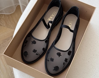 Black Mesh Flats Floral Embroidery Fishnet Ballet Shoes Genuine Leather Insole Black Sheer Slip On Women Flat Shoes with Arch Strap