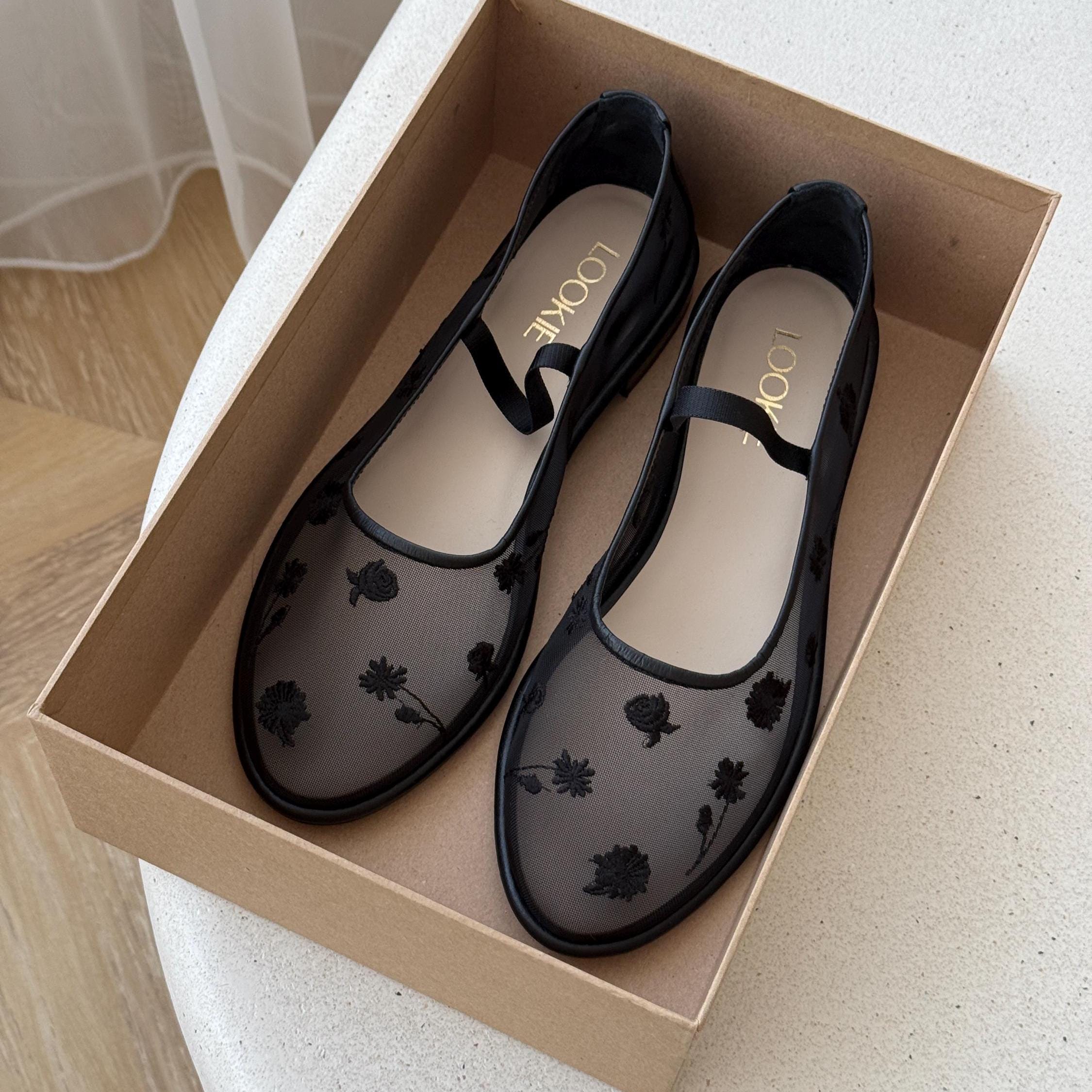 Black Mesh Flats Floral Embroidery Fishnet Ballet Shoes Genuine