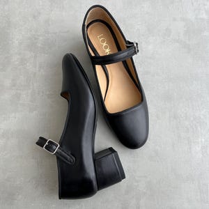 Black Mary Janes with Low Block Heel, Leather Women Shoes with Almond Toe, Handmade Heeled Dress Pumps with Arch Strap and Silver Buckle