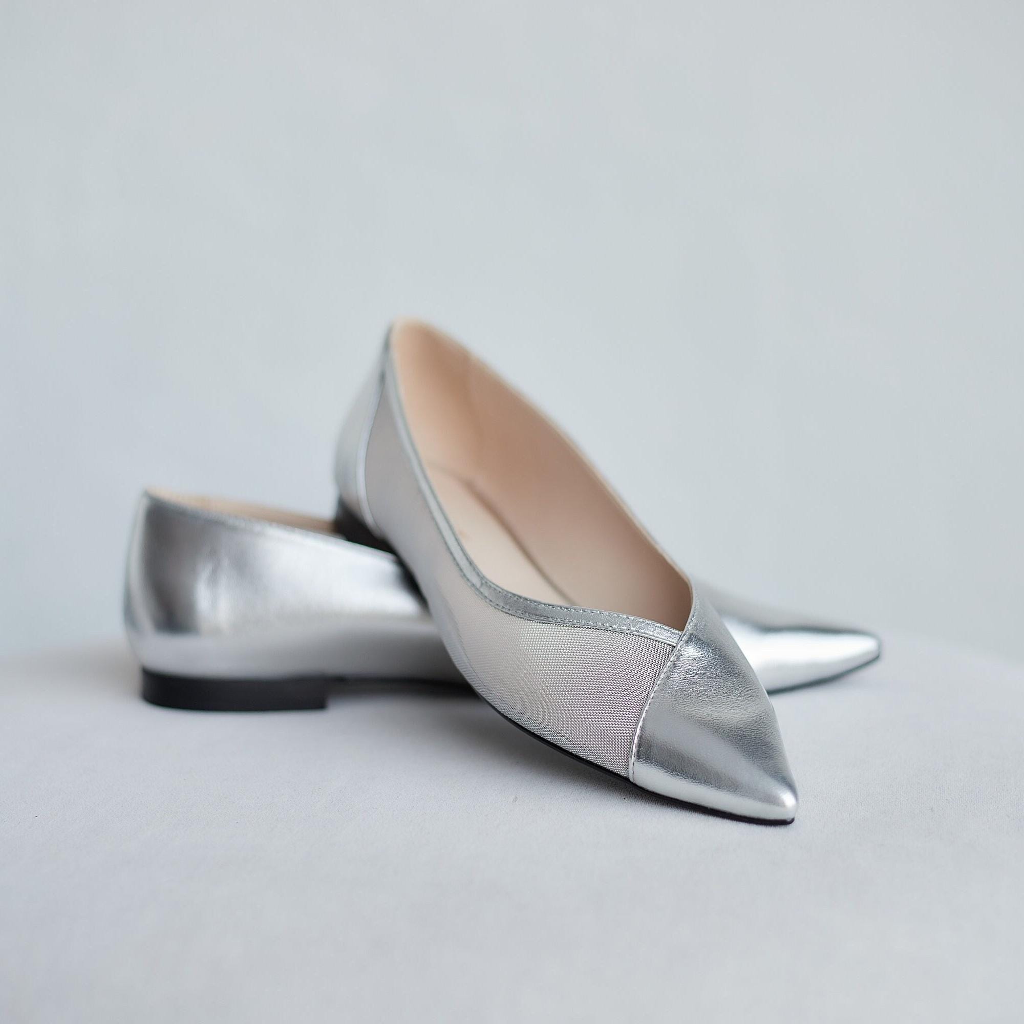 Silver Mesh Flats with Closed Pointy Toe, Fishnet Ballet Shoes from Metallic Leather, Transparent Slip On Women Flat Shoes, Jelly Shoes, image size:2000x2000
