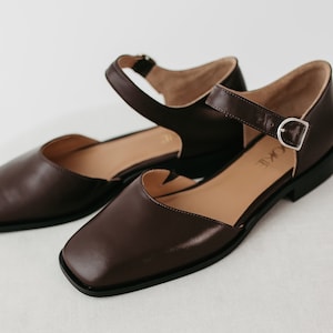 Brown Square Toe Mary Janes in Leather, Women Flats Shoes, Low Block Heel Mary Janes with Brown Strap, Custom Wide Ballet Flat Silver Buckle image 6