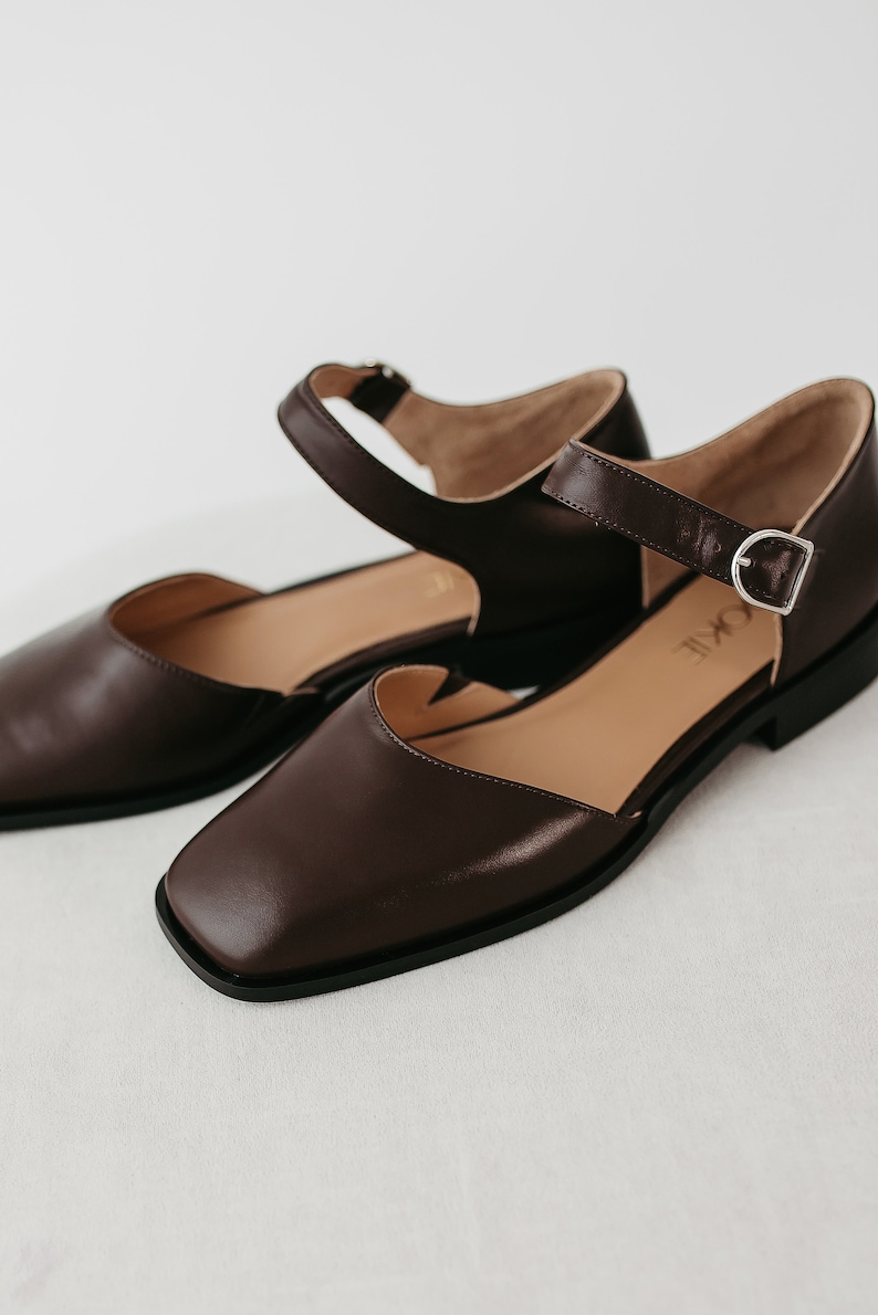 Brown Square Toe Mary Janes in Leather, Women Flats Shoes, Low Block Heel Mary Janes with Brown Strap, Custom Wide Ballet Flat Silver Buckle image 6