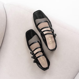 Black Mesh Mary Janes with Square Closed Toe and Triple Arch Strap, Fishnet Ballet Shoes, Sheer Women Jelly Shoes on Low Heel