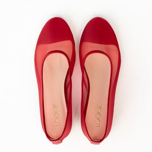Red Mesh Flats with Almond Closed Toe and Genuine Leather Insole, Fishnet Ballet Shoes, Sheer Women Flat Shoes, Romancecore Jelly Shoes