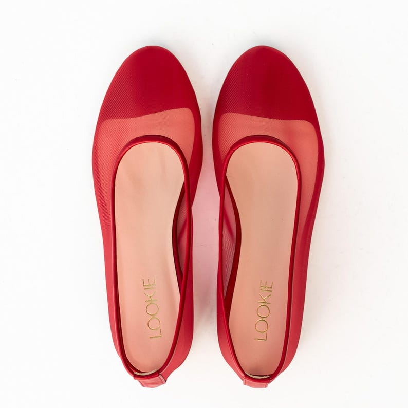 Red Mesh Flats with Almond Closed Toe and Genuine Leather Insole, Fishnet Ballet Shoes, Sheer Women Flat Shoes, Romancecore Jelly Shoes