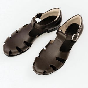 Chocolate Fisherman Sandals, Leather Gladiator Buckle Closed Toe Sandals, Women Brown Summer Sandals, Flat Heel Shoes with Cutouts