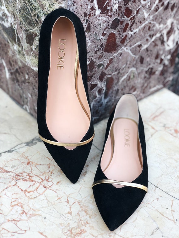 Pointed Toe Flats from Soft Black Genuine Suede, Women Flat Shoes, Black Wedding Shoes with Pointy Toe, Black Ballet Flats with Golden Line