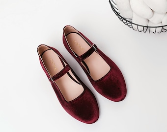 Burgunderroter Mary Janes mit Bogenriemen, Mandel-Zehe handgemachte Frauen Wohnungen, Vintage Retro Style Ballettschuh, Bordo Alltagsballett Flache