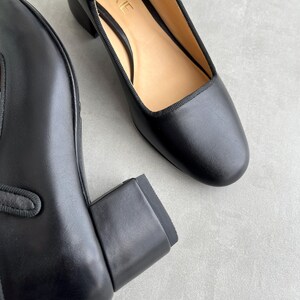 Black Mary Janes with Low Block Heel, Leather Women Shoes with Almond Toe, Handmade Heeled Dress Pumps with Arch Strap and Silver Buckle