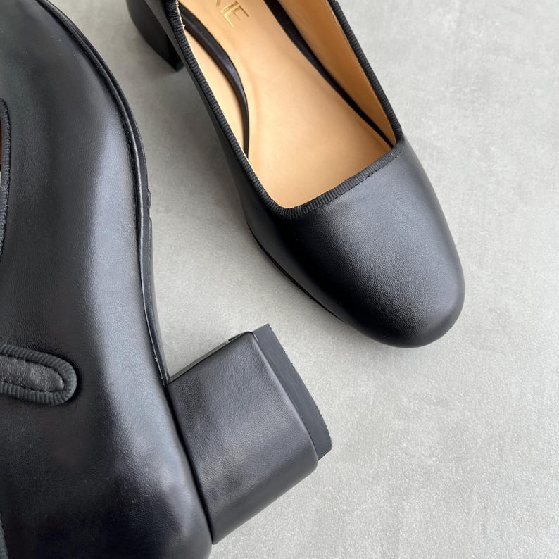 Black Mary Janes with Low Block Heel, Leather Women Shoes with Almond Toe, Handmade Heeled Dress Pumps with Arch Strap and Silver Buckle