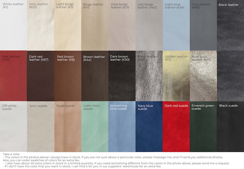 K&ouml;nnte beinhalten: Eine Farbkarte mit Leder- und Wildlederproben. Die Karte enth&auml;lt 24 verschiedene Farben, darunter Wei&szlig;, Elfenbein, Beige, Rot, Braun, Dunkelbraun, Silber, Gold, Blau, Gr&uuml;n und Schwarz. Die Farben sind mit ihren entsprechenden Namen und Codes beschriftet.