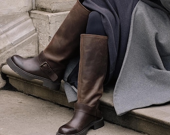 Winter High Boots, Chunky Brown Leather Boots with Low Block Heel, Below Knee Round Toe Shoes, Custom Shoes For Women, Mid-Calf Boots