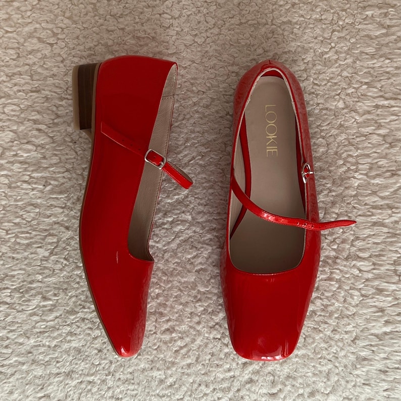 Red Mary Janes with Arch Strap from Patent Leather, Square Toe Flat Shoes, Vintage Mary Jane, Retro Style Everyday Shoe with Silver Buckle