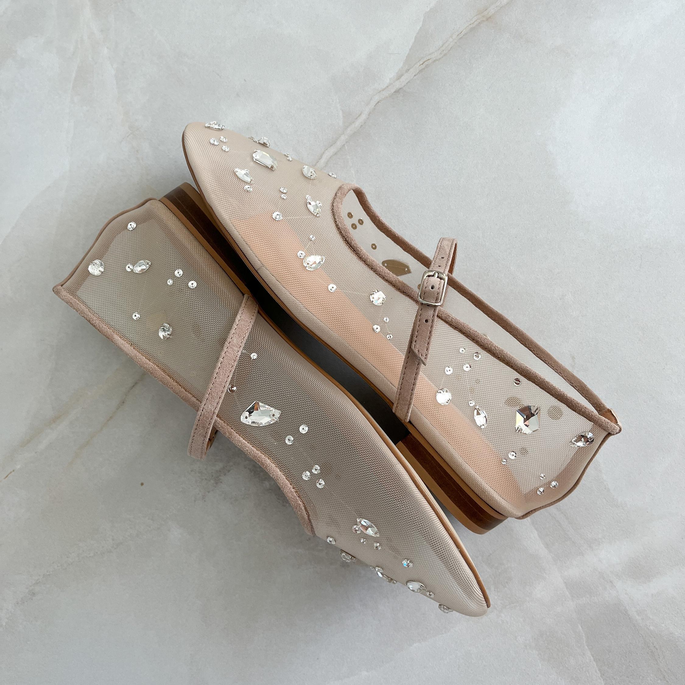 Beige Mesh Flats With Rhinestone Embroidery and Arch Strap