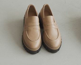 Beige Chunky Loafers on High Platform, Off White Monk Shoes with Black Sole and Closed Round Toe, Custom Comfy Shoes on Low Heel